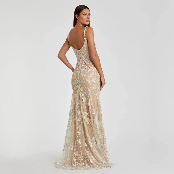 NWT Mac Duggal Floral Embroidered Tulle Trumpet Gown Nude Multi 14 #9507 - Picture 4 of 8
